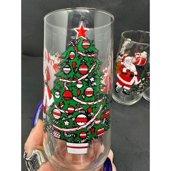 (4) LUMINARC DURAND Santa Cooler Tumbler Glasses 16 oz Christmas Tree Reindeer - Picture 9 of 10